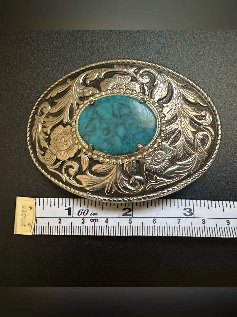 Vintage Estate Heavy Turquoise Floral Belt Buckle 3 1/4” - Picture 6 of 8